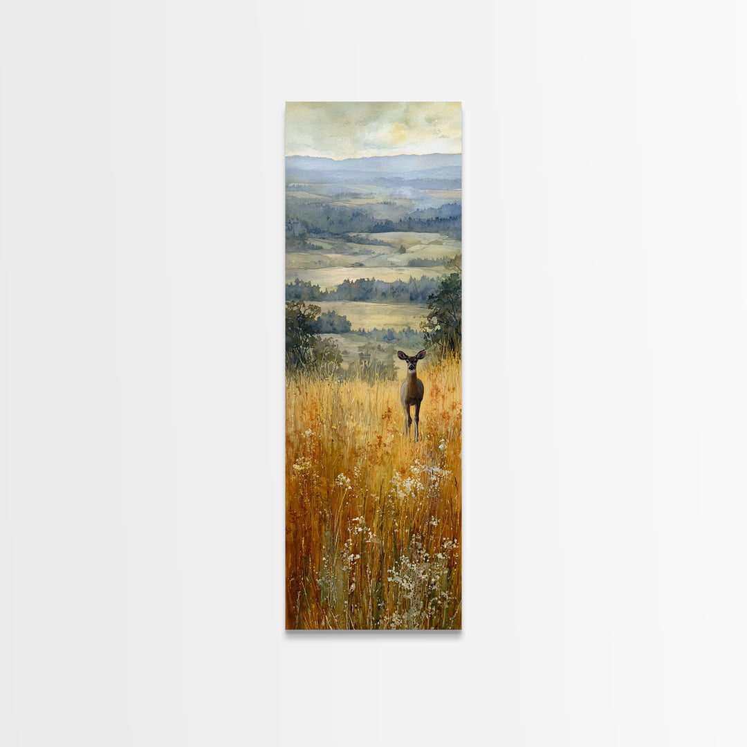 Deer Standing in a Golden Field Framed Canvas Print, Nature Art, Watercolor Painting, Living Room Decor, Fine Art, Nature, NAT-1x3-92