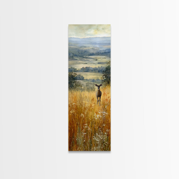 Deer Standing in a Golden Field Framed Canvas Print, Nature Art, Watercolor Painting, Living Room Decor, Fine Art, Nature, NAT-1x3-92