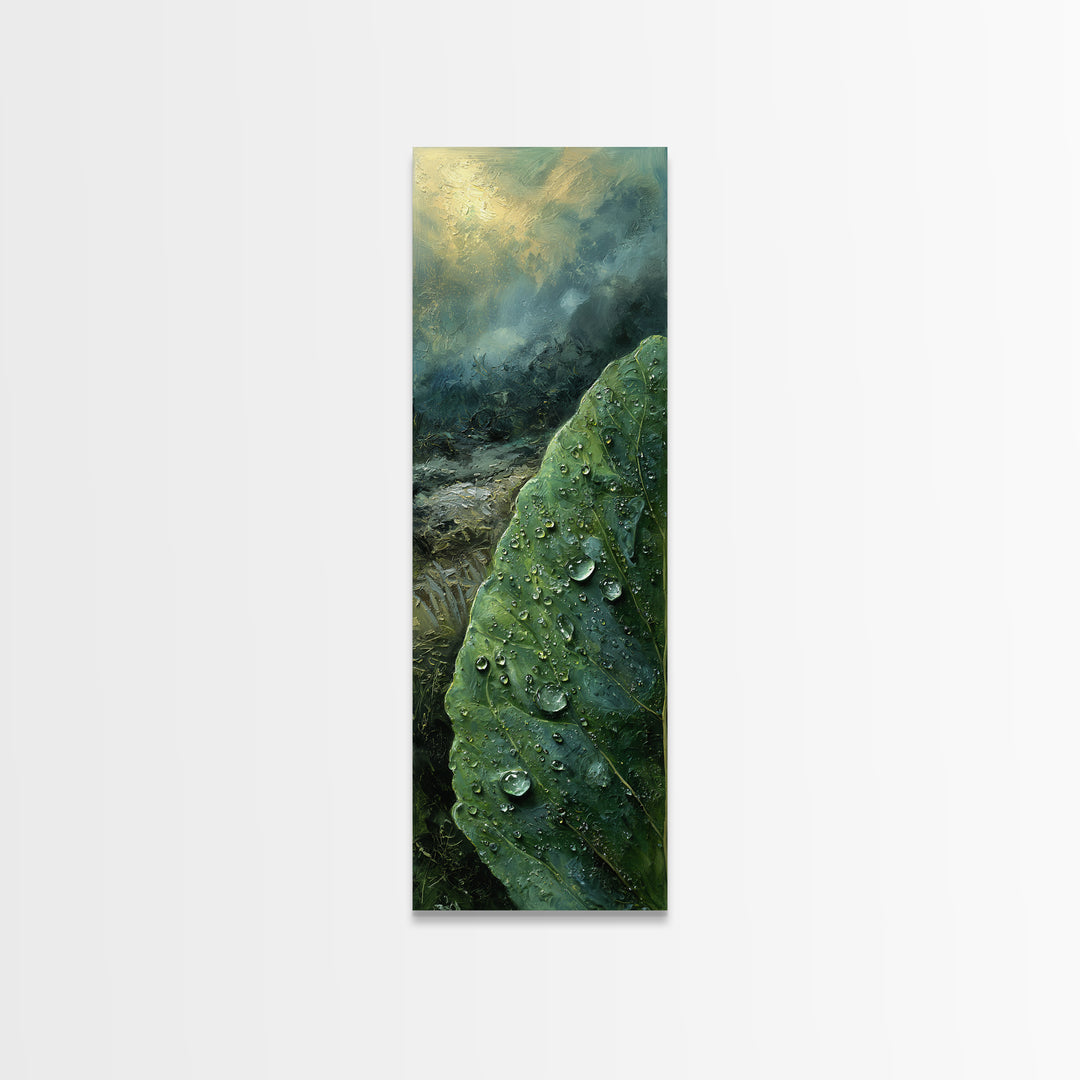 Rain Drops on a Large Green Leaf Canvas Print, Nature Art, Minimalist Decor, Living Room Decor, Fine Art, Nature, Artwork, NAT-1x3-93