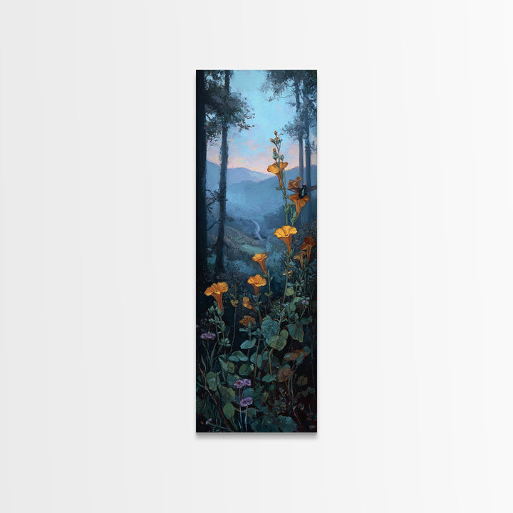 Hummingbird Beside Bright Trumpet Flowers Framed Canvas Print, Nature Art, Modern Wall Art, Living Room Decor, Fine Art, Nature, NAT-1x3-96