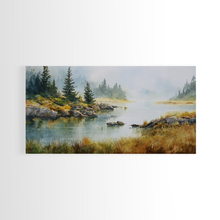 Misty Mountain Lake Framed Canvas Print, Nature Art, Home Decor, Living Room Decor, Oil Painting, Nature, Abstract Wall Art, NAT-2x1-1