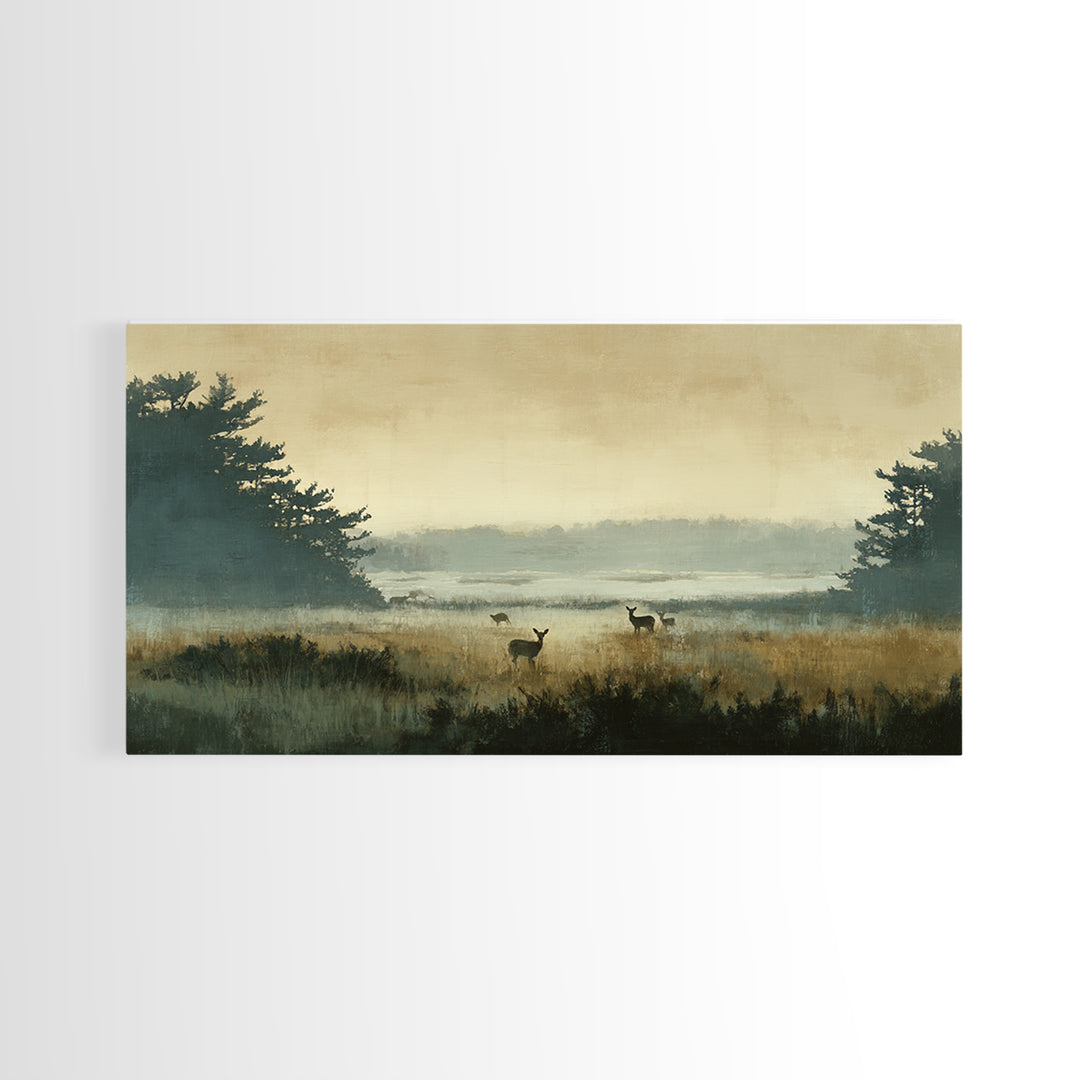 Deer Standing in a Golden Field Framed Canvas Print, Nature Art, Mountain Wall Art, Living Room Decor, Fine Art, Nature, NAT-2x1-100