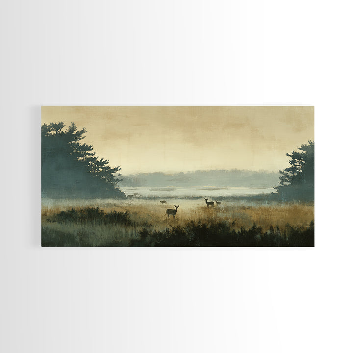 Deer Standing in a Golden Field Framed Canvas Print, Nature Art, Mountain Wall Art, Living Room Decor, Fine Art, Nature, NAT-2x1-100
