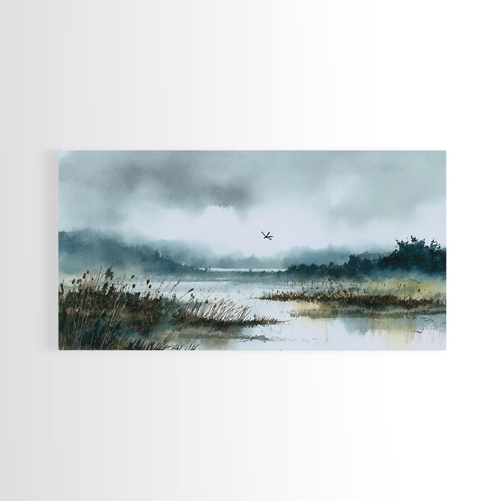 Dragonfly over a Pond with Reeds Framed Canvas Print, Nature Art, Fine Art Print, Living Room Decor, Watercolor Art, Nature, NAT-2x1-14
