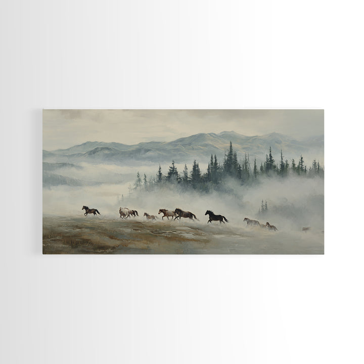 Wild Horses Running Near Mountain Ridge Framed Canvas Print, Nature Art, Statement Artwork, Living Room Decor, Fine Art, Nature, NAT-2x1-18