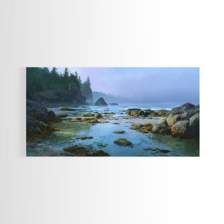 Calm Beach Tide Pooling Around Rocks Framed Canvas Print, Nature Art, Statement Artwork, Living Room Decor, Fine Art, Nature, NAT-2x1-20