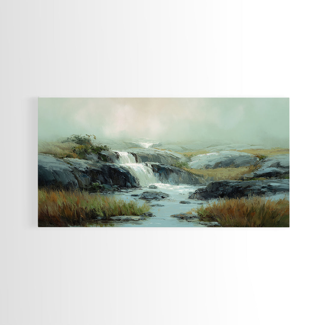 Waterfall Hidden Among Dark Green Rocks Framed Canvas Print, Nature Art, Mushroom, Living Room Decor, Watercolor Art, Nature, NAT-2x1-23