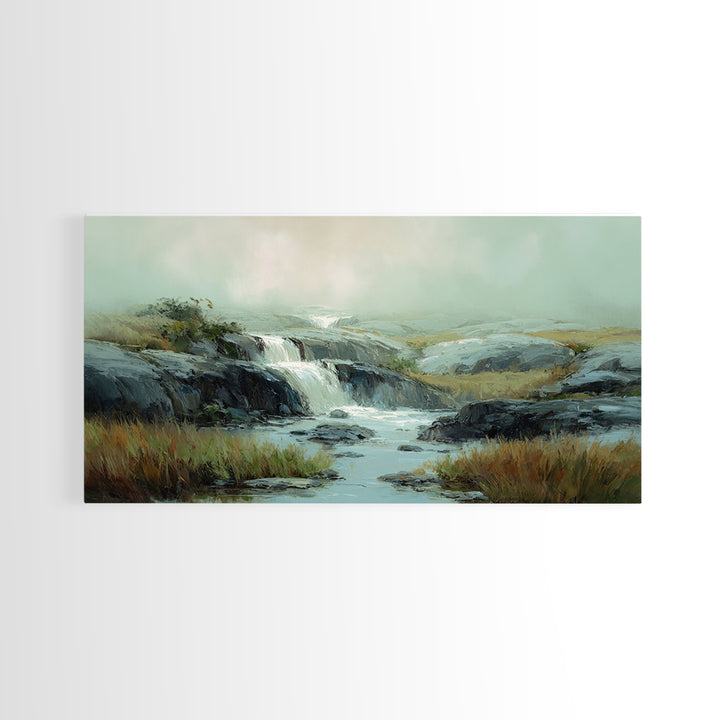 Waterfall Hidden Among Dark Green Rocks Framed Canvas Print, Nature Art, Mushroom, Living Room Decor, Watercolor Art, Nature, NAT-2x1-23