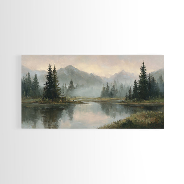 Misty Mountain Lake Framed Canvas Print, Nature Art, Home Decor, Living Room Decor, Oil Painting, Nature, Abstract Wall Art, NAT-2x1-25