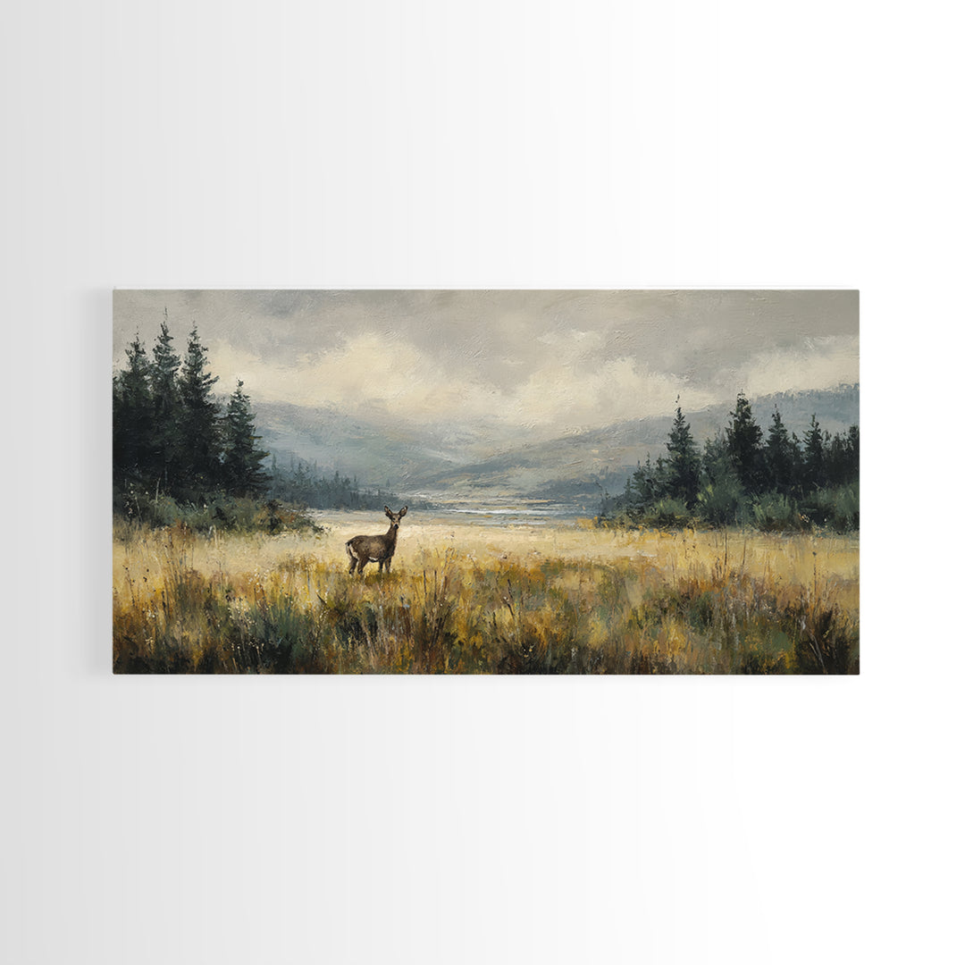 Deer Standing in a Golden Field Framed Canvas Print, Nature Art, Minimalist Decor, Living Room Decor, Fine Art, Nature, NAT-2x1-28