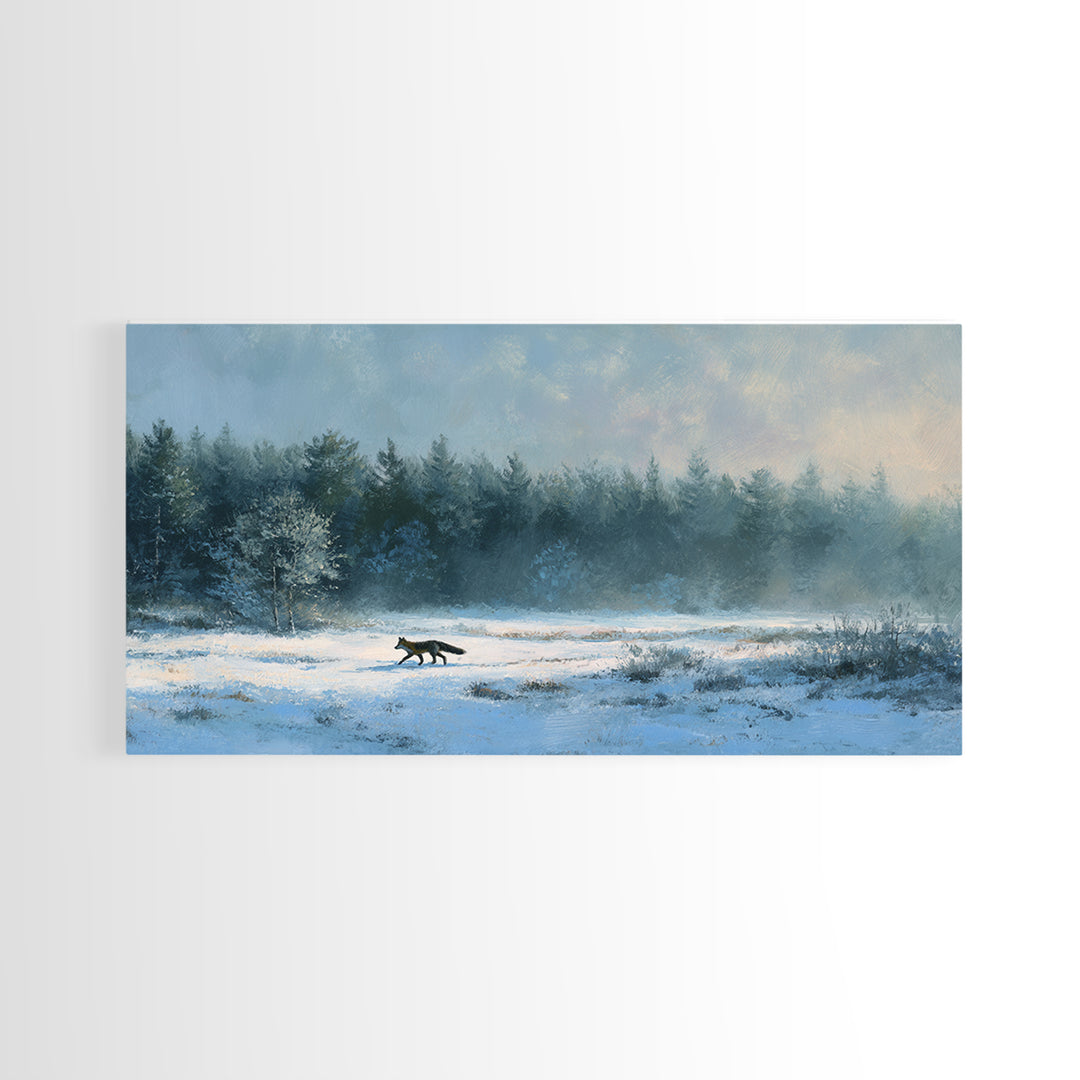 Fox Crossing a Snowy Forest Clearing Framed Canvas Print, Nature Art, Luxury Decor, Living Room Decor, Oil Painting, Nature, NAT-2x1-30
