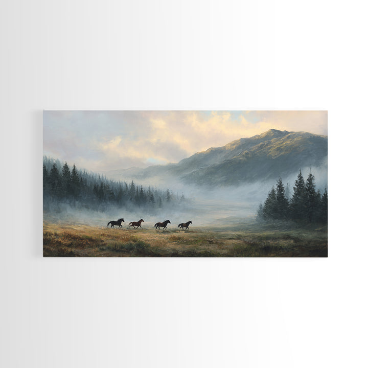 Wild Horses Running Near Mountain Ridge Framed Canvas Print, Nature Art, Statement Artwork, Living Room Decor, Fine Art, Nature, NAT-2x1-42