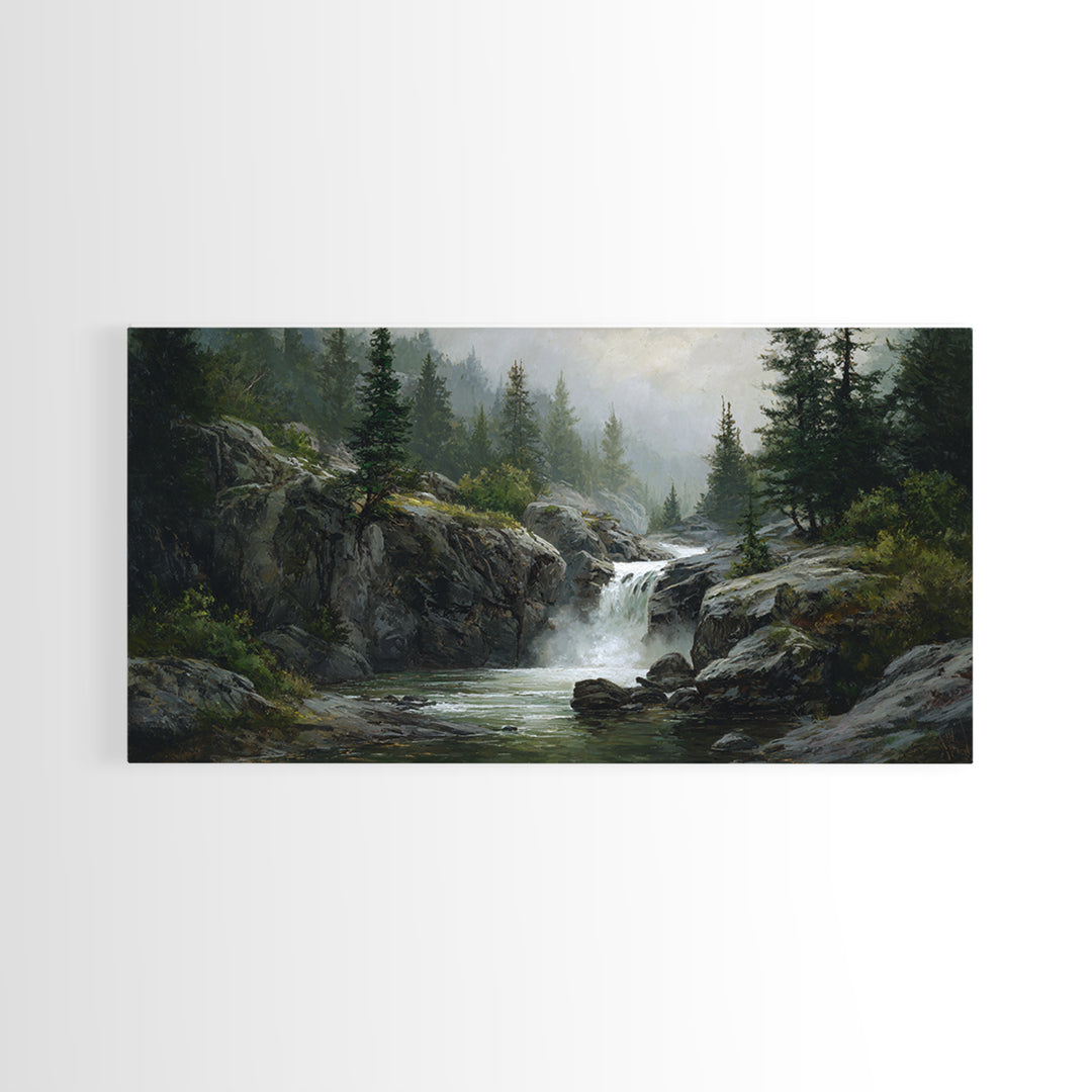 Waterfall Hidden Among Dark Green Rocks Canvas Print, Nature Art, Framed Art, Living Room Decor, Oil Painting, Nature, NAT-2x1-47