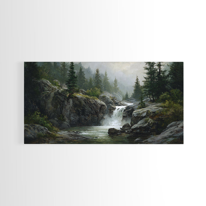 Waterfall Hidden Among Dark Green Rocks Canvas Print, Nature Art, Framed Art, Living Room Decor, Oil Painting, Nature, NAT-2x1-47