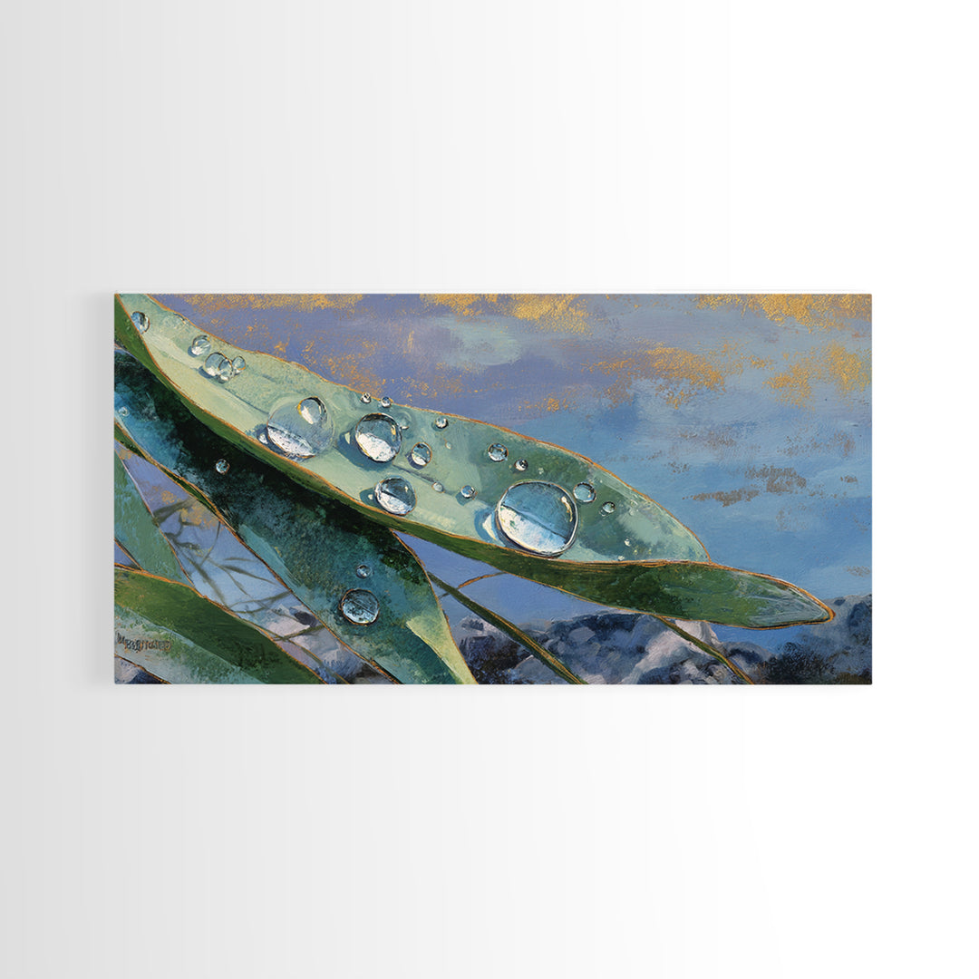Rain Drops on a Large Green Leaf Framed Canvas Print, Nature Art, Living Room Decor, Watercolor Art, Nature, Abstract Wall Art, NAT-2x1-5