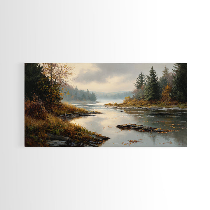 Autumn Leaves Floating on Quiet Stream Framed Canvas Print, Nature Art, Minimalist Decor, Living Room Decor, Fine Art, Nature, NAT-2x1-50