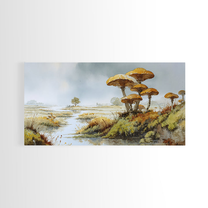 Mushroom Cluster in Enchanted Woodland Framed Canvas Print, Nature Art, Wood Wall Art, Living Room Decor, Watercolor Art, NAT-2x1-51