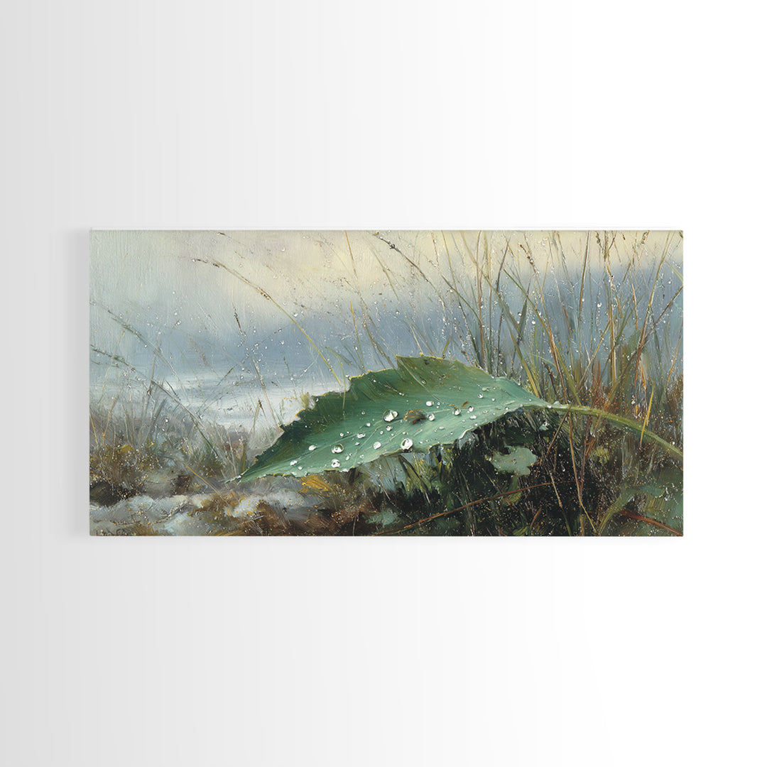 Rain Drops on a Large Green Leaf Canvas Print, Nature Art, Wall Hangings, Living Room Decor, Watercolor Art, Nature, NAT-2x1-53