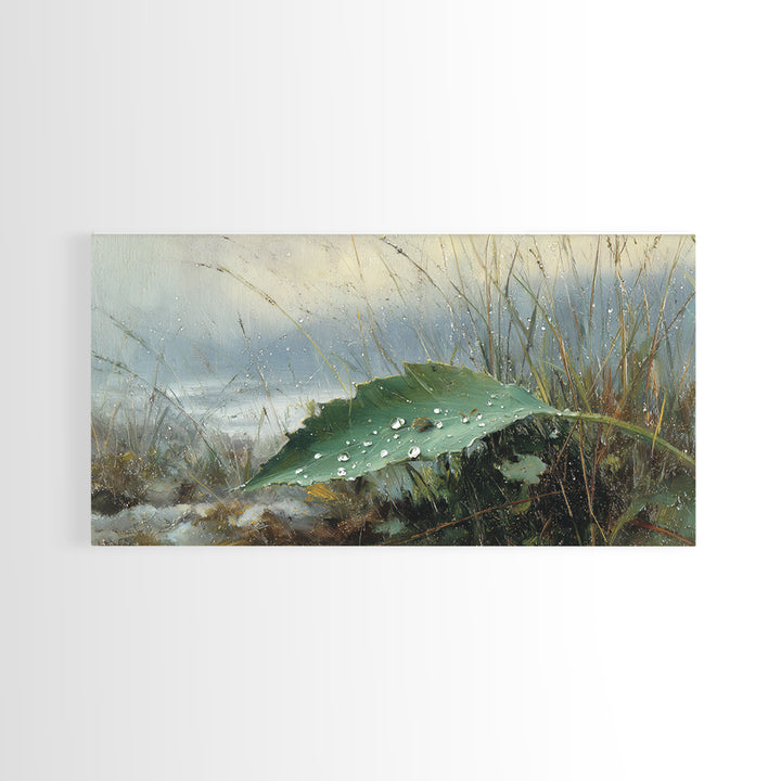 Rain Drops on a Large Green Leaf Canvas Print, Nature Art, Wall Hangings, Living Room Decor, Watercolor Art, Nature, NAT-2x1-53