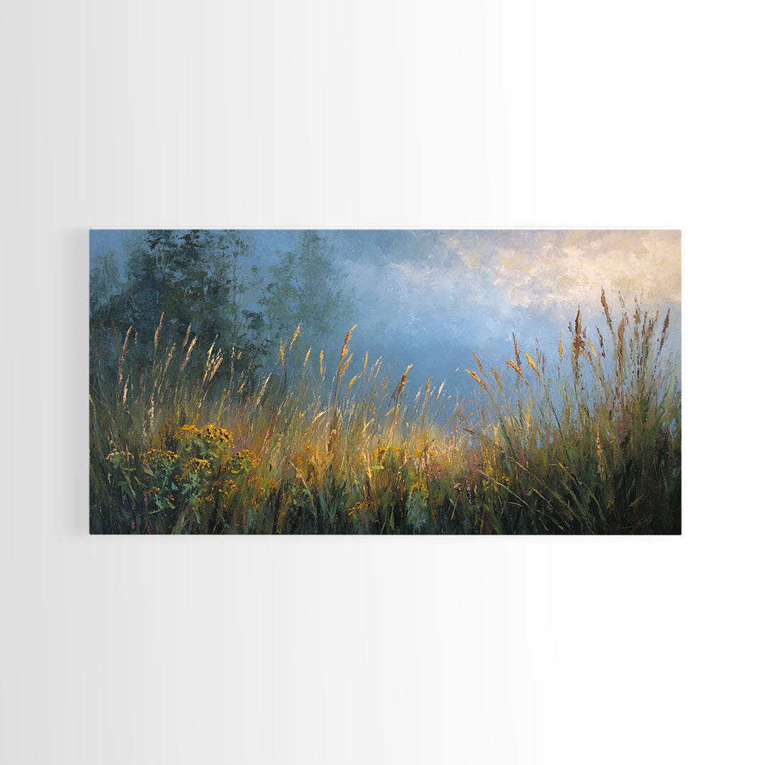 Sunrise Through Tall Grass and Wildflowers Framed Canvas Print, Nature Art, Living Room Decor, Fine Art, Nature, Ocean Art, NAT-2x1-55