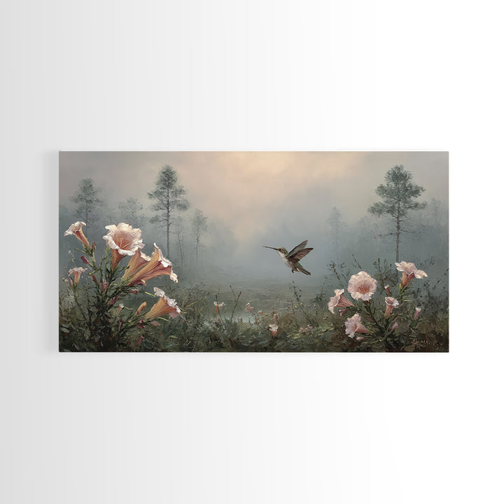 Hummingbird Beside Bright Trumpet Flowers Framed Canvas Print, Nature Art, Painting, Living Room Decor, Fine Art, Nature, NAT-2x1-56
