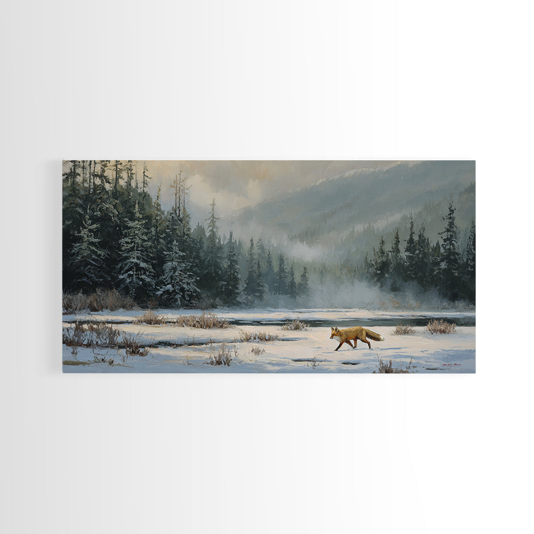 Fox Crossing a Snowy Forest Clearing Framed Canvas Print, Nature Art, Luxury Decor, Living Room Decor, Oil Painting, Nature, NAT-2x1-6