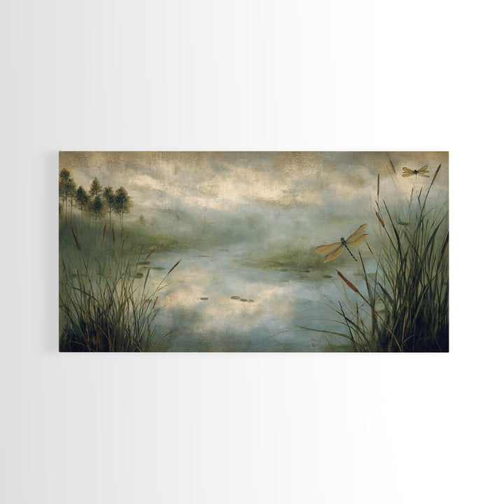 Dragonfly over a Pond with Reeds Canvas Print, Nature Art, Room Decor, Living Room Decor, Oil Painting, Nature, Wall Hangings, NAT-2x1-62