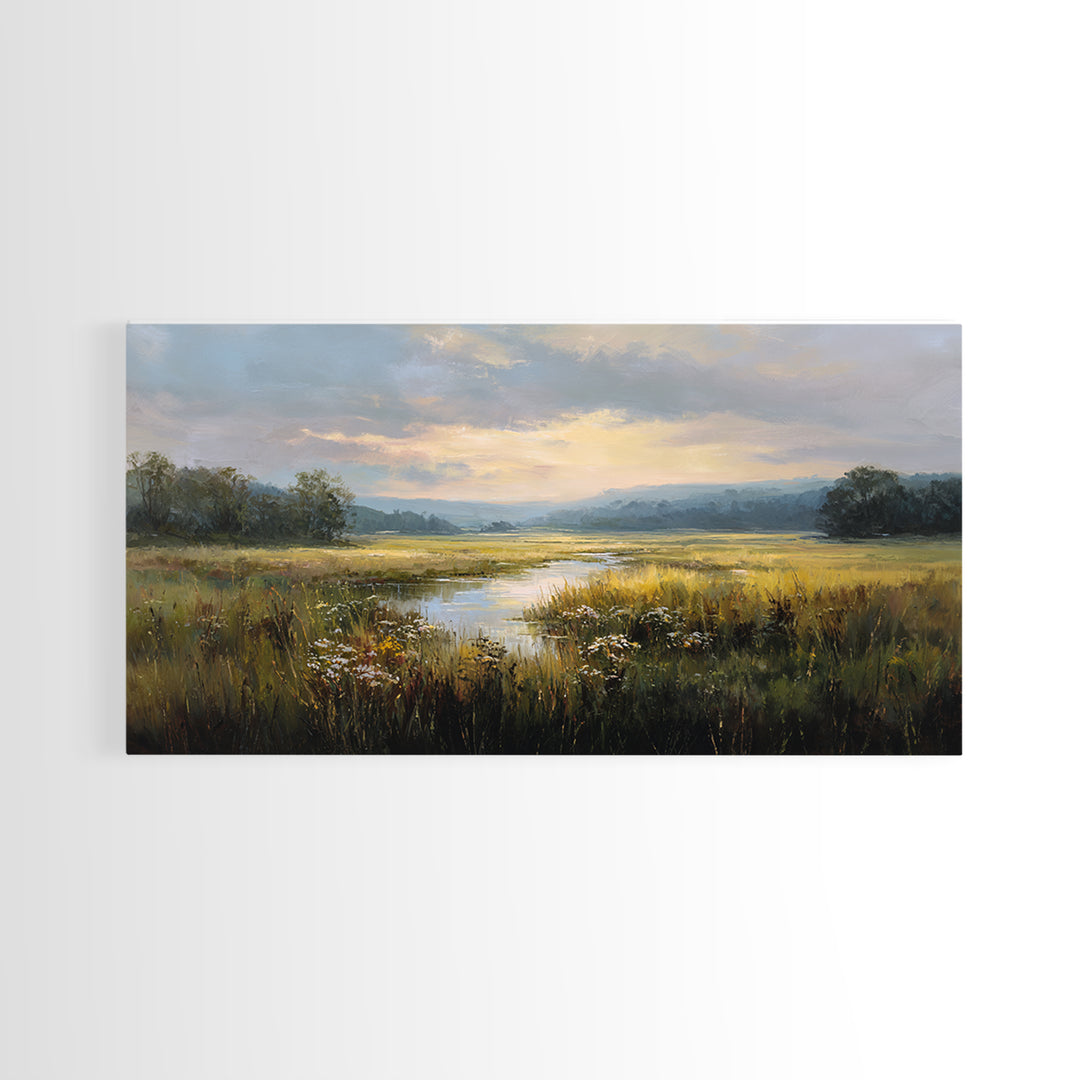 Sunrise Through Tall Grass and Wildflowers Framed Canvas Print, Nature Art, Poster, Living Room Decor, Watercolor Art, Nature, NAT-2x1-7