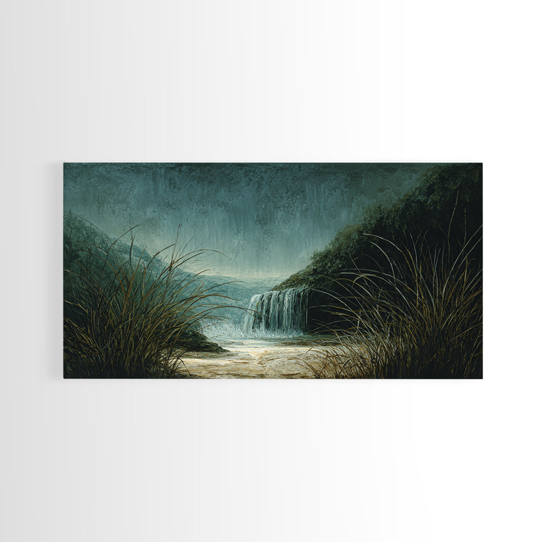 Waterfall Hidden Among Dark Green Rocks Canvas Print, Nature Art, Landscape Art, Living Room Decor, Abstract Art, Nature, NAT-2x1-71