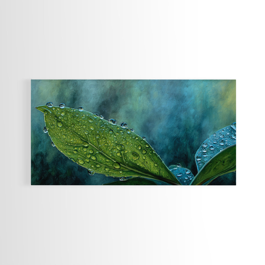 Rain Drops on a Large Green Leaf Canvas Print, Nature Art, Wall Hangings, Living Room Decor, Watercolor Art, Nature, NAT-2x1-77