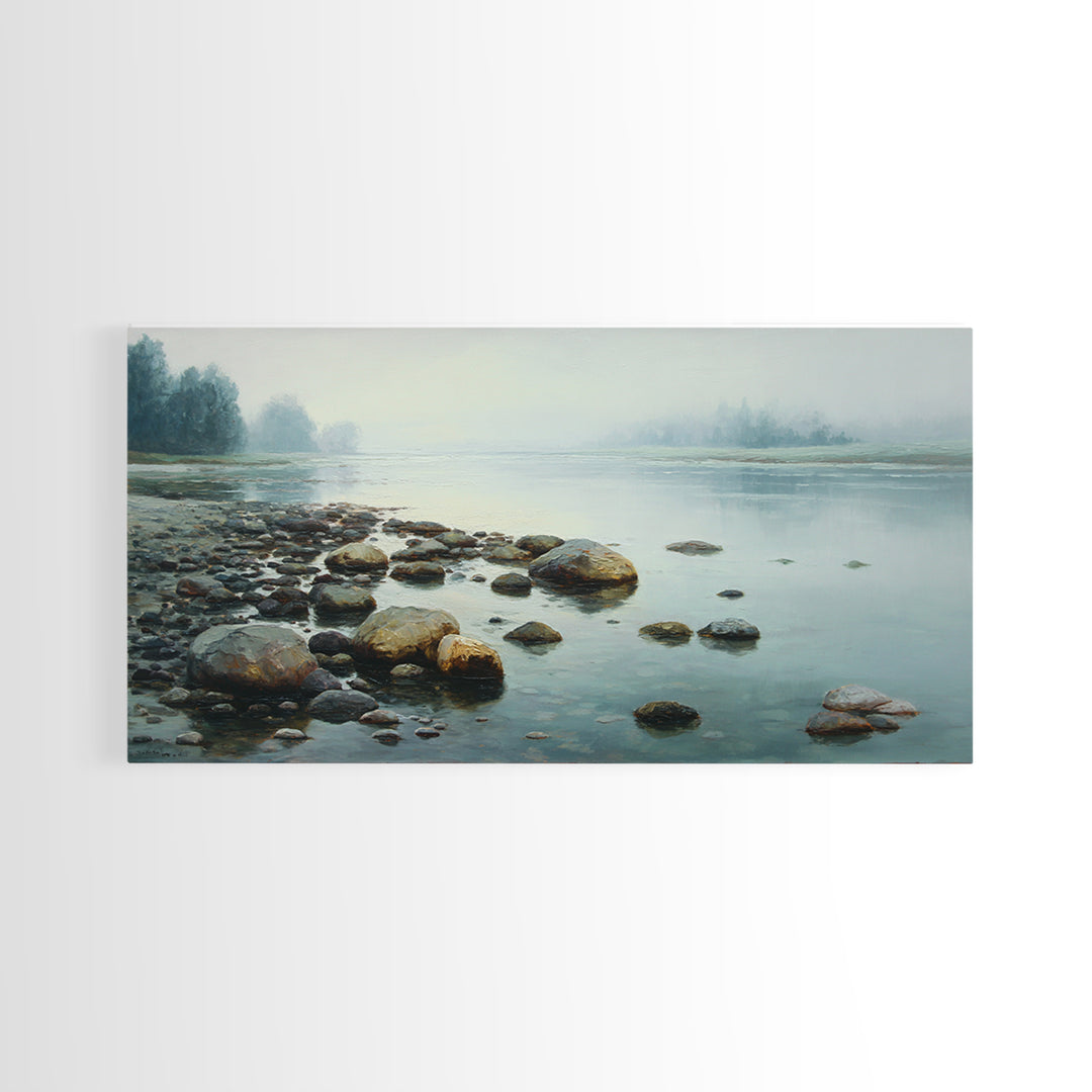 River Stones under Clear Shallow Water Framed Canvas Print, Nature Art, Living Room Decor, Watercolor Art, Nature, NAT-2x1-81