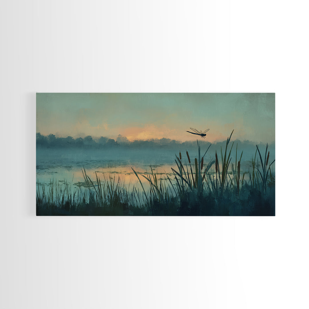 Dragonfly over a Pond with Reeds Framed Canvas Print, Nature Art, Home Decor, Living Room Decor, Nature, Abstract Wall Art, NAT-2x1-86
