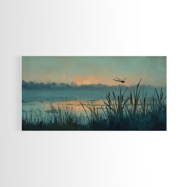 Dragonfly over a Pond with Reeds Framed Canvas Print, Nature Art, Home Decor, Living Room Decor, Nature, Abstract Wall Art, NAT-2x1-86
