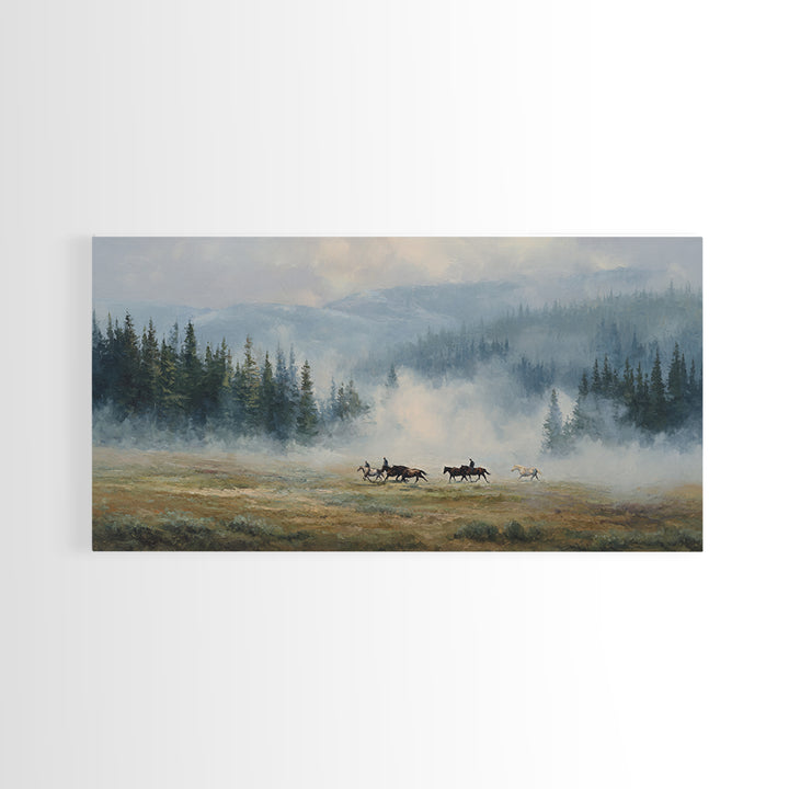 Wild Horses Running Near Mountain Ridge Framed Canvas Print, Nature Art, Poster, Living Room Decor, Fine Art, Nature, NAT-2x1-90