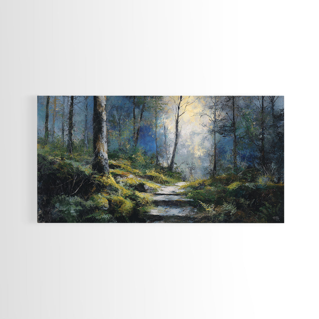Sunlit Forest Path Canvas Print, Nature Art, Framed Art, Living Room Decor, Nature, Botanical Art, Digital Download Art, NAT-2x1-93
