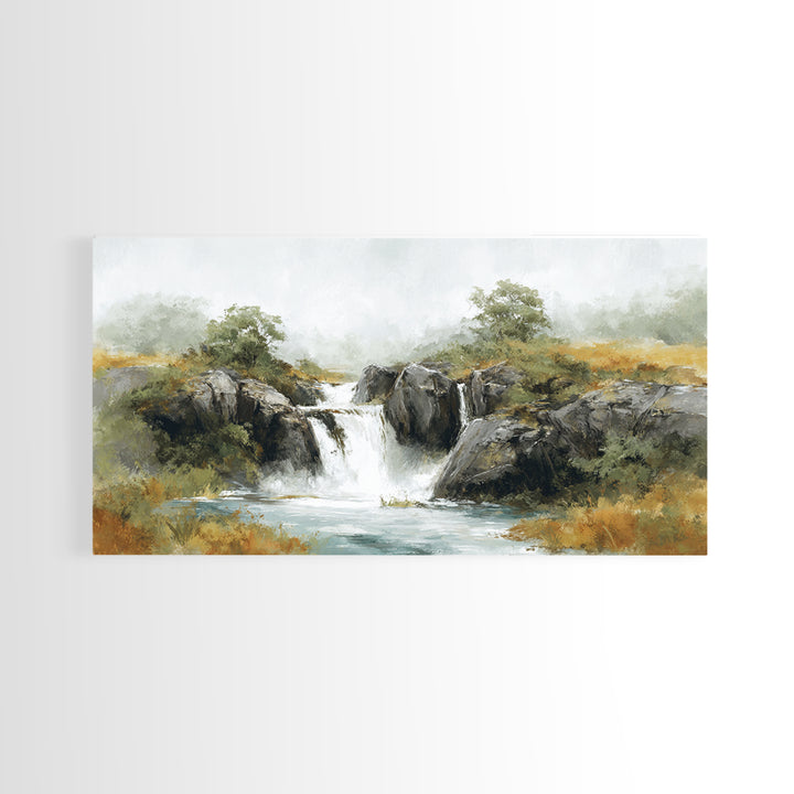 Waterfall Hidden Among Dark Green Rocks Framed Canvas Print, Nature Art, Landscape Print, Living Room Decor, Fine Art, Nature, NAT-2x1-95