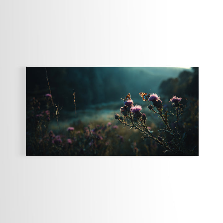 Butterfly Resting on a Blooming Thistle Framed Canvas Print, Nature Art, Stained Glass Art, Living Room Decor, Oil Painting, NAT-2x1-96