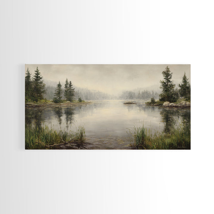 Misty Mountain Lake Framed Canvas Print, Nature Art, Wood Wall Art, Living Room Decor, Fine Art, Nature, Digital Download Art, NAT-2x1-97