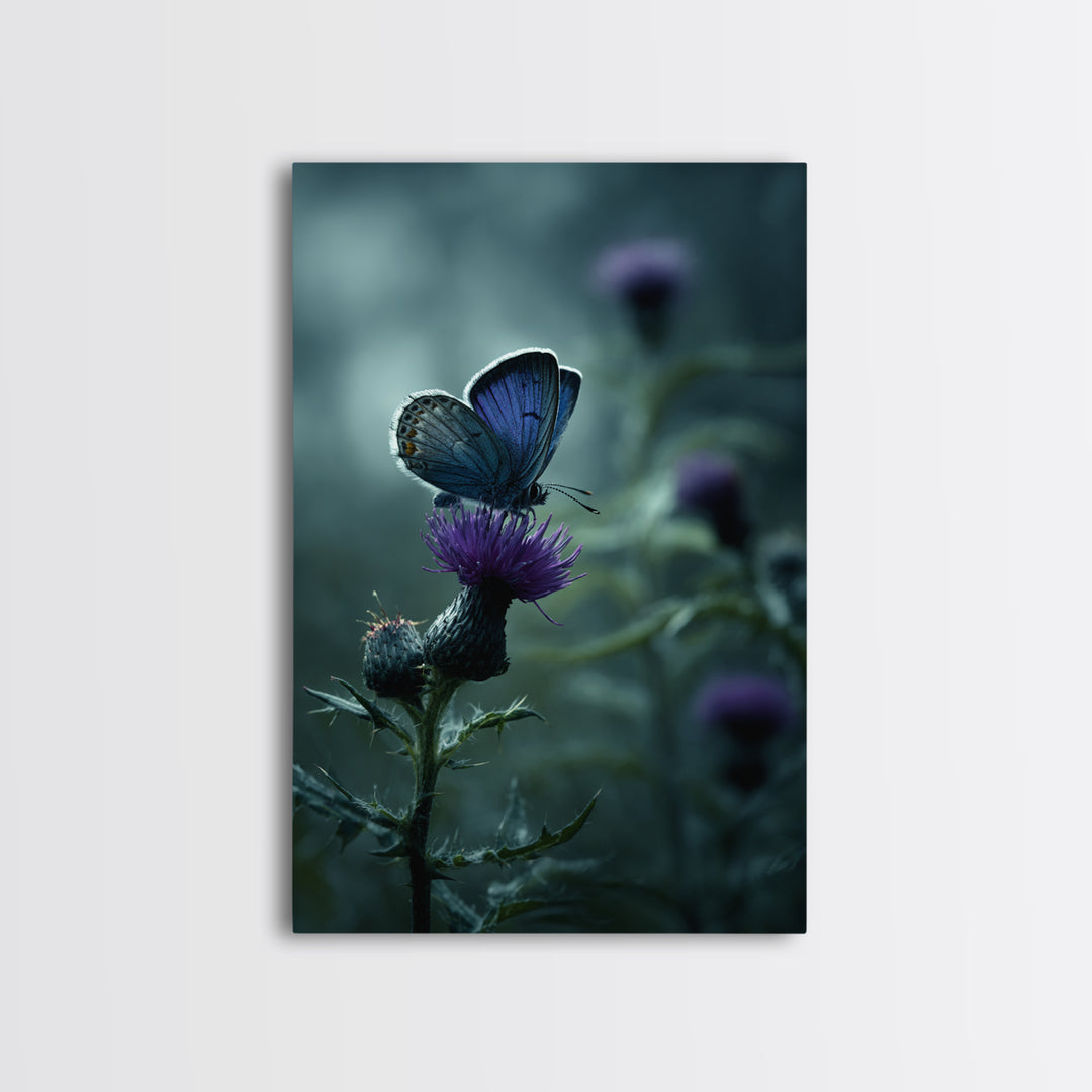 Butterfly Resting on a Blooming Thistle Framed Canvas Print, Nature Art, Minimalist Decor, Living Room Decor, Oil Painting, NAT-2x3-12