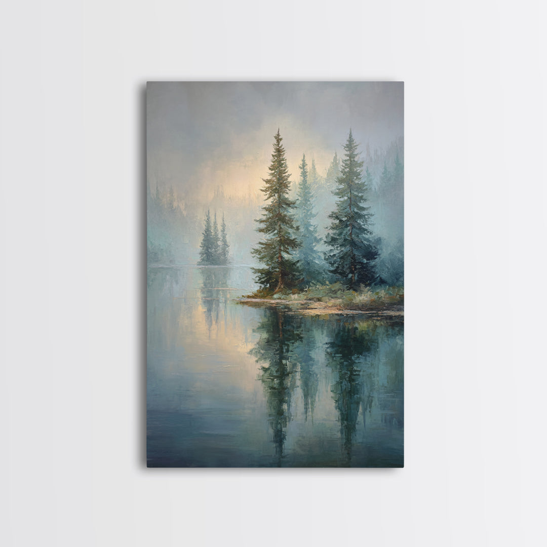 Misty Mountain Lake Framed Canvas Print, Nature Art, Art, Living Room Decor, Watercolor Art, Nature, 3d Wall Art, NAT-2x3-13