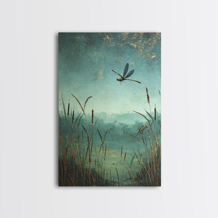 Dragonfly over a Pond with Reeds Framed Canvas Print, Nature Art, Boho Decor, Living Room Decor, Abstract Art, Nature, NAT-2x3-2