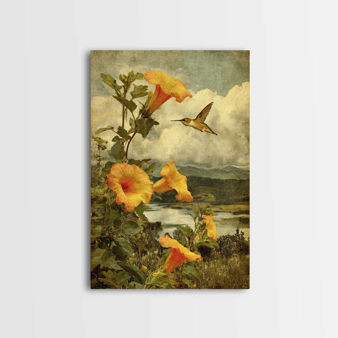 Hummingbird Beside Bright Trumpet Flowers Framed Canvas Print, Nature Art, Mushroom, Living Room Decor, Watercolor Art, Nature, NAT-2x3-20
