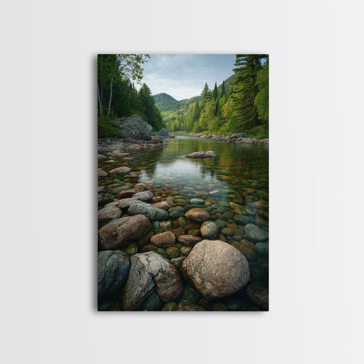 River Stones under Clear Shallow Water Framed Canvas Print, Nature Art, Living Room Decor, Oil Painting, Nature, NAT-2x3-21