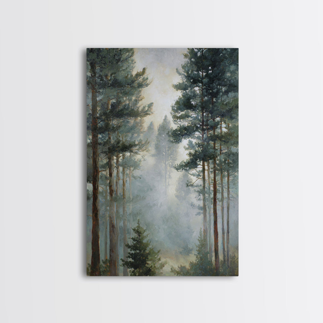 Moody Pine Forest Framed Canvas Print, Nature Art, Wall Art, Living Room Decor, Oil Painting, Nature, Wood Wall Art, NAT-2x3-25