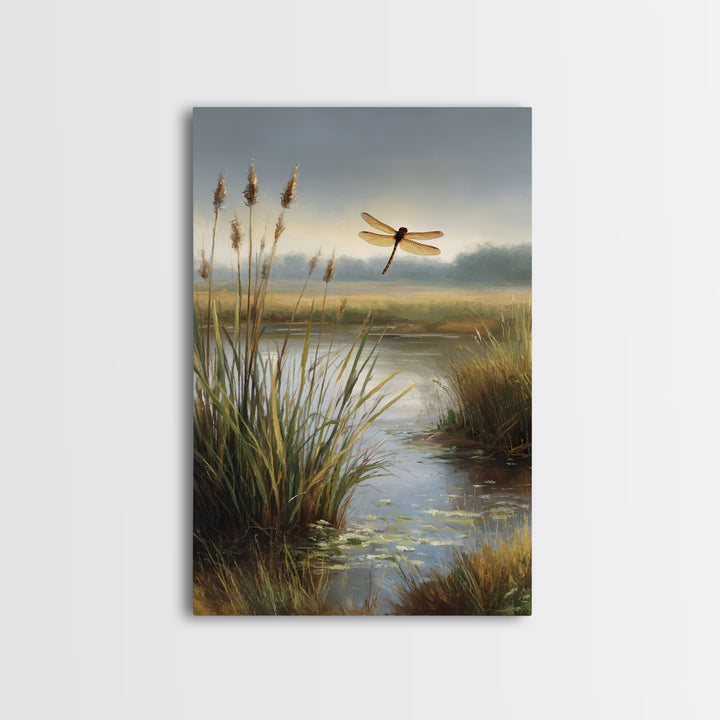 Dragonfly over a Pond with Reeds Framed Canvas Print, Nature Art, Boho Decor, Living Room Decor, Abstract Art, Nature, NAT-2x3-26