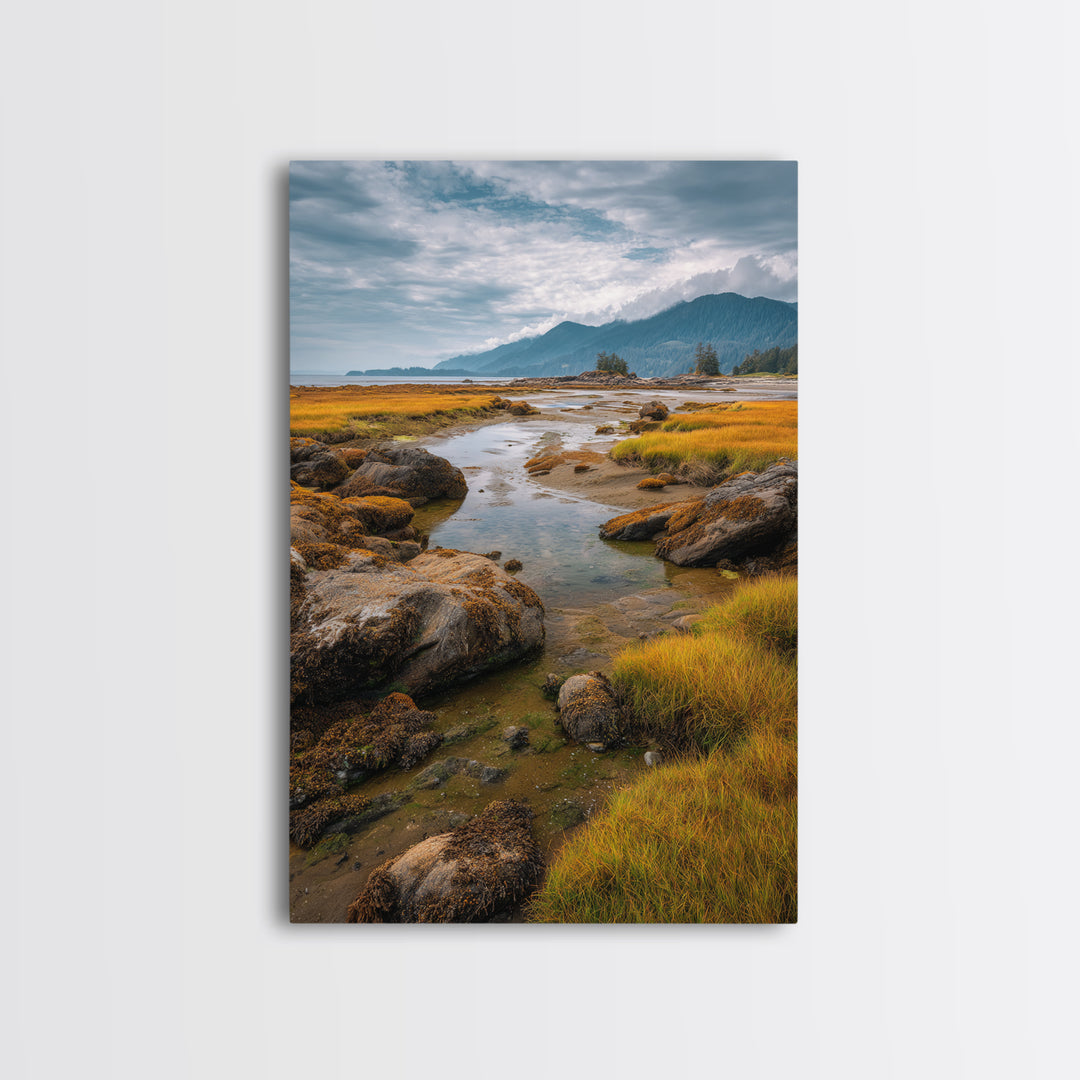 Calm Beach Tide Pooling Around Rocks Canvas Print, Nature Art, Ocean Art, Living Room Decor, Fine Art, Nature, Art Print, NAT-2x3-32