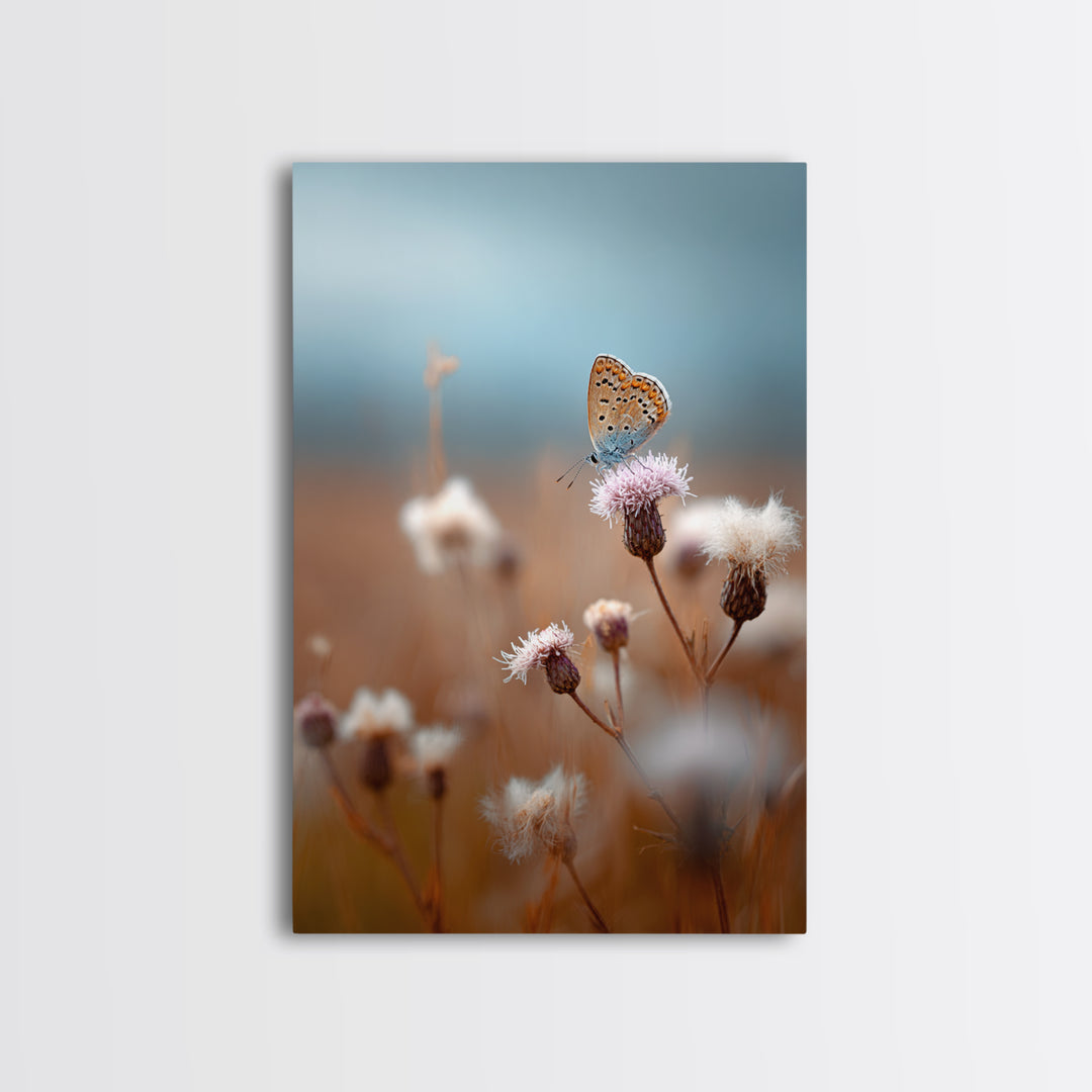 Butterfly Resting on a Blooming Thistle Framed Canvas Print, Nature Art, Mountain Wall Art, Living Room Decor, Watercolor Art, NAT-2x3-36