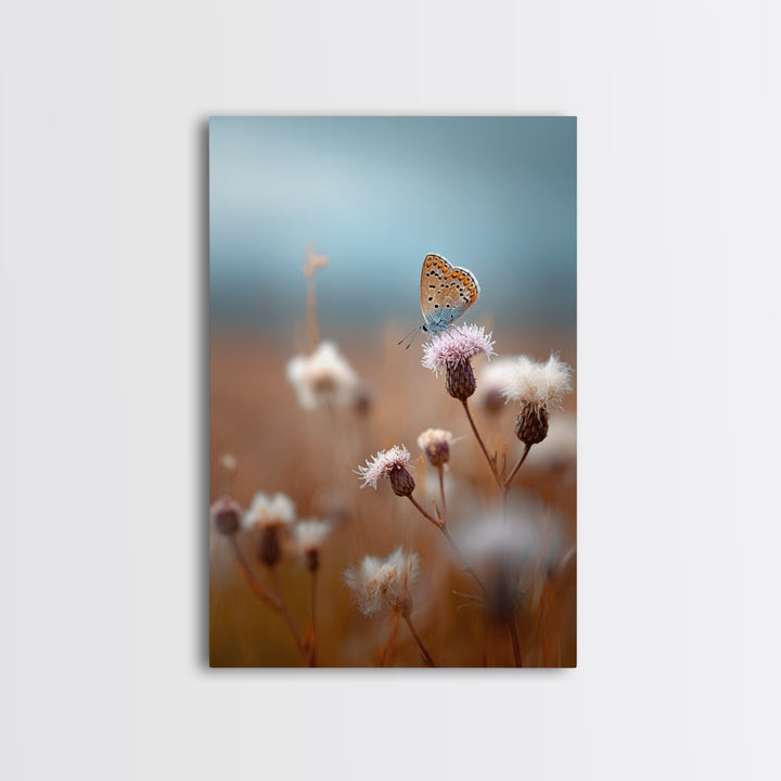 Butterfly Resting on a Blooming Thistle Framed Canvas Print, Nature Art, Mountain Wall Art, Living Room Decor, Watercolor Art, NAT-2x3-36