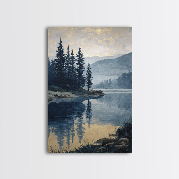 Misty Mountain Lake Framed Canvas Print, Nature Art, Art, Living Room Decor, Watercolor Art, Nature, 3d Wall Art, NAT-2x3-37