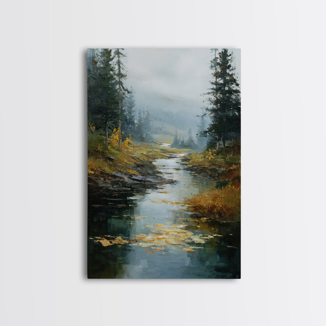 Autumn Leaves Floating on Quiet Stream Framed Canvas Print, Nature Art, Wall Art, Living Room Decor, Fine Art, Nature, NAT-2x3-38